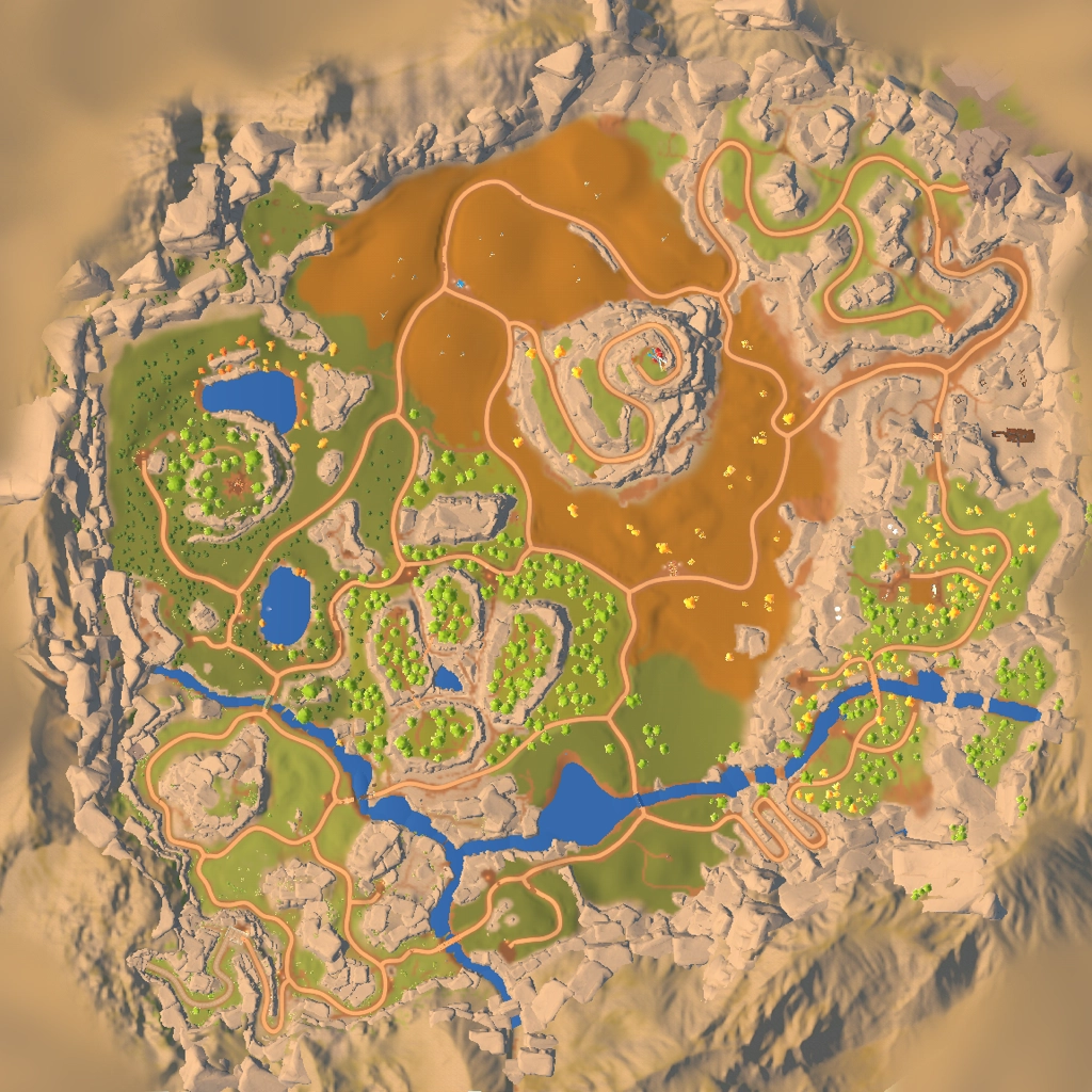 Outbound starting level map showing roads, lakes, hills, forest areas, and desert routes